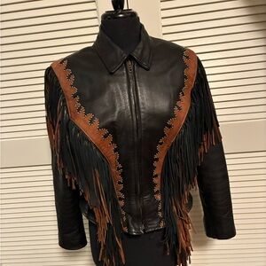 Elegant Black and Brown Leather Fringe Jacket